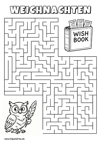 Irrgarten zum Drucken 'Hilf der Eule, den Weg zu dem Buch mit Wunschzetteln zu finden'