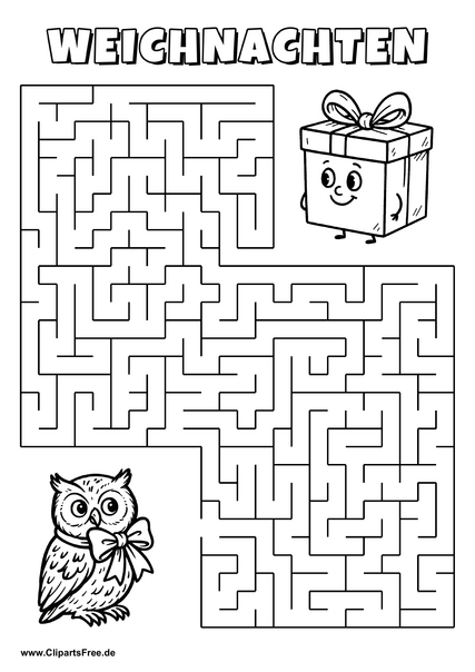 Irrgarten zum Drucken 'Hilf der Eule, den Weg zu der Geschenkkiste zu finden'