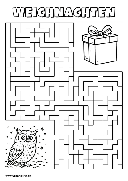 Irrgarten zum Drucken 'Hilf der Eule im Schnee, den Weg zu dem Geschenk zu finden'