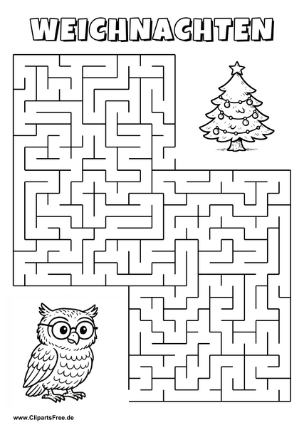Irrgarten zum Drucken 'Hilf der Eule mit Brille, den Weg zu dem Weihnachtsbaum zu finden'