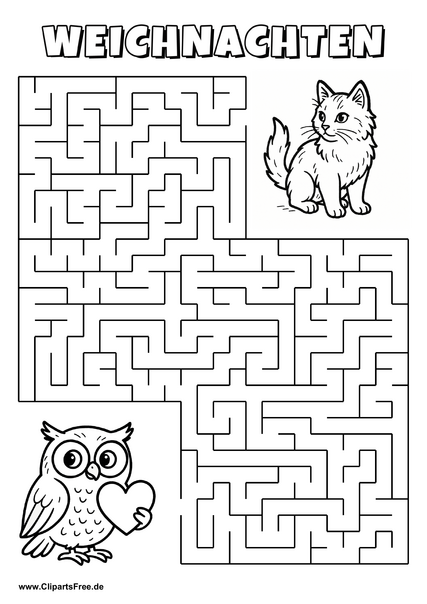 Irrgarten zum Drucken 'Hilf der Eule mit Herz, den Weg zu der Katze zu finden'