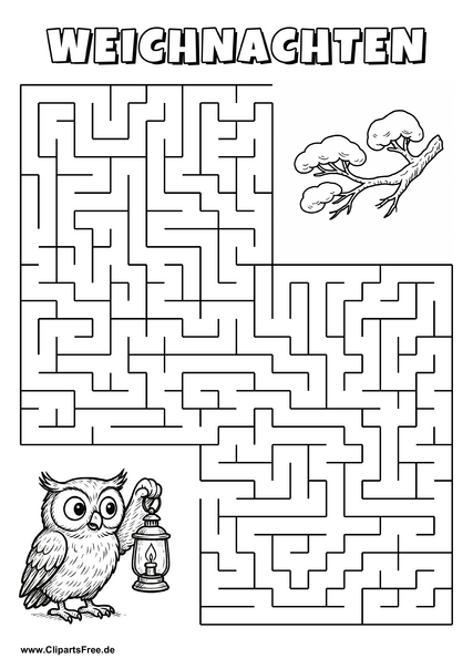 Irrgarten zum Drucken 'Hilf der Eule mit Lampe, den Weg zu dem Ast zu finden'