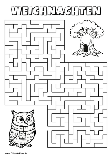 Irrgarten zum Drucken 'Hilf der Eule mit Schal, den Weg zu dem Höhlenbaum zu finden'