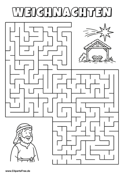 Josef sucht Weihnachtskrippe Labyrinth zum Drucken