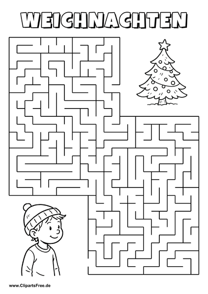 Junge sucht Weihnachtsbaum Labyrinth zum Drucken