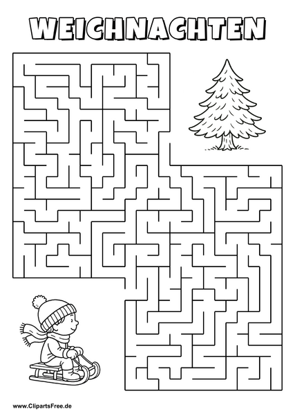 Kind auf Schlitten sucht Tannenbaum Labyrinth zum Drucken