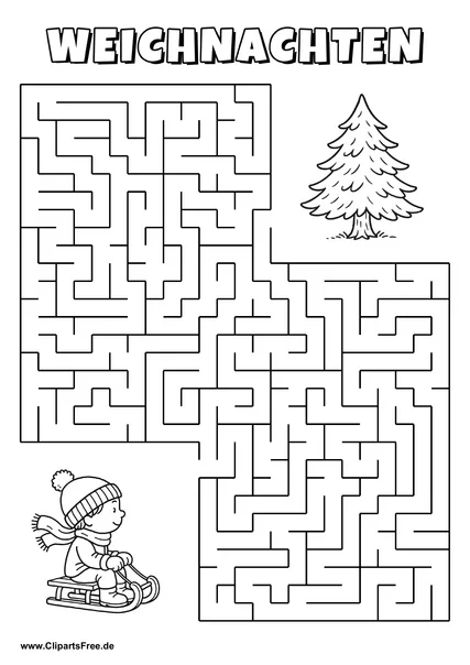 Kind auf Schlitten sucht Tannenbaum Labyrinth zum Drucken