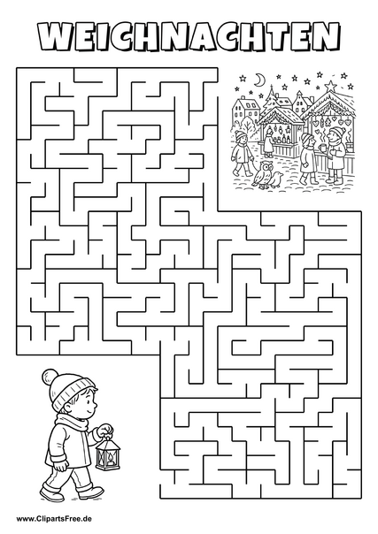 Kind mit Laterne sucht Weihnachtsmarkt Labyrinth zum Drucken