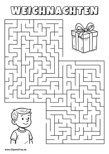 Kind sucht Geschenk zu Weihnachten Labyrinth zum Drucken