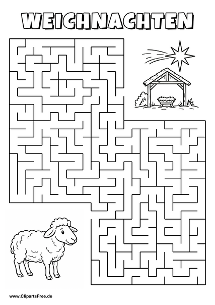 Schaf sucht Weihnachtskrippe Labyrinth zum Drucken