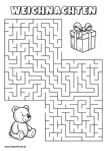 Teddybär sucht Weihnachtsgeschenk Labyrinth zum Drucken