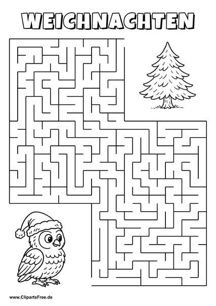 Uhu sucht Tanne im Wald Labyrinth zum Drucken