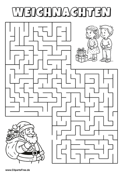 Weihnachtsmann mit Geschenken sucht Kinder Labyrinth zum Drucken
