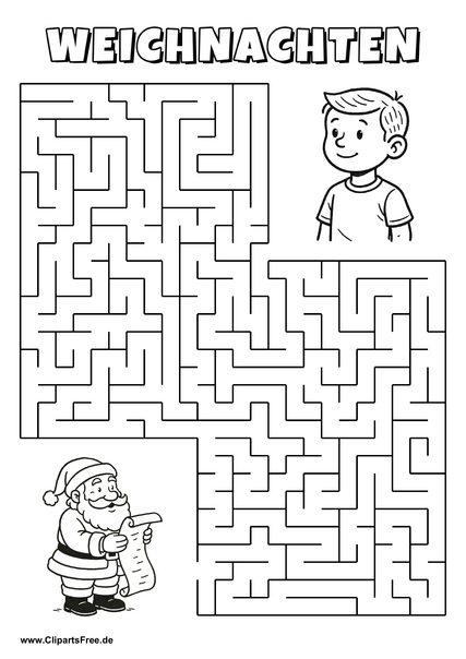 Weihnachtsmann mit Geschenkliste sucht einen Jungen Labyrinth zum Drucken