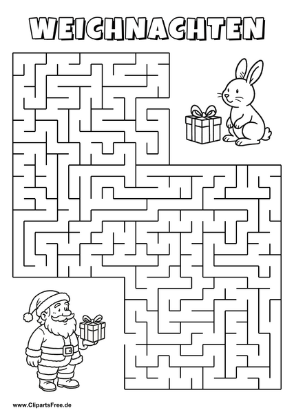 Weihnachtsmann sucht Hase Labyrinth zum Drucken