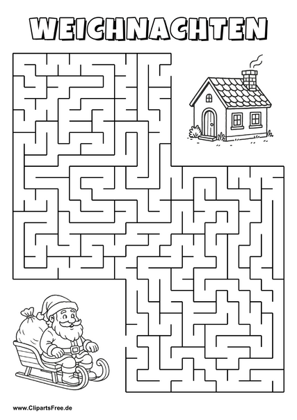 Weihnachtsmann sucht Haus Labyrinth zum Drucken