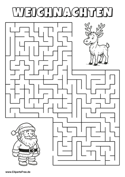 Weihnachtsmann sucht Hirsch Labyrinth zum Drucken
