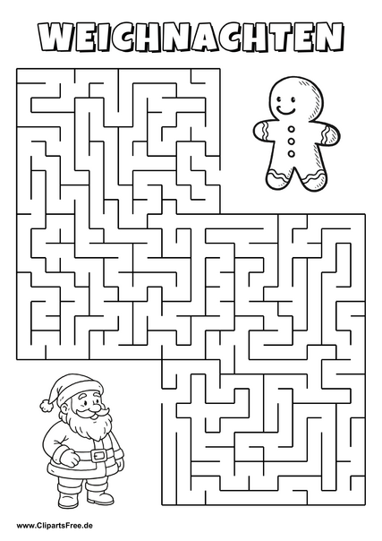 Weihnachtsmann sucht Lebkuchenmann Labyrinth zum Drucken