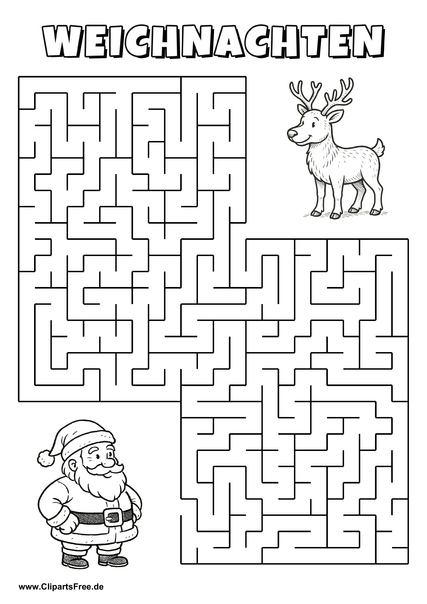 Weihnachtsmann sucht Rentier Labyrinth zum Drucken