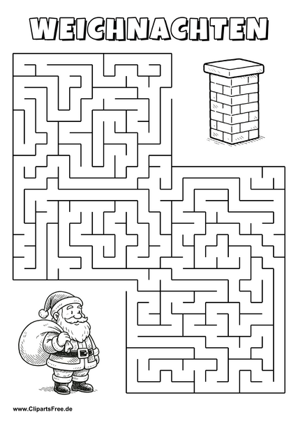 Weihnachtsmann sucht Schornstein Labyrinth zum Drucken