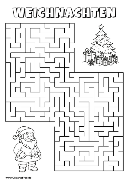 Weihnachtsmann sucht Weihnachtsbaum mit Geschenken Labyrinth zum Drucken
