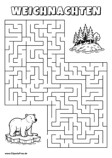 Weißbär auf Eis sucht Insel mit Wald Labyrinth zum Drucken