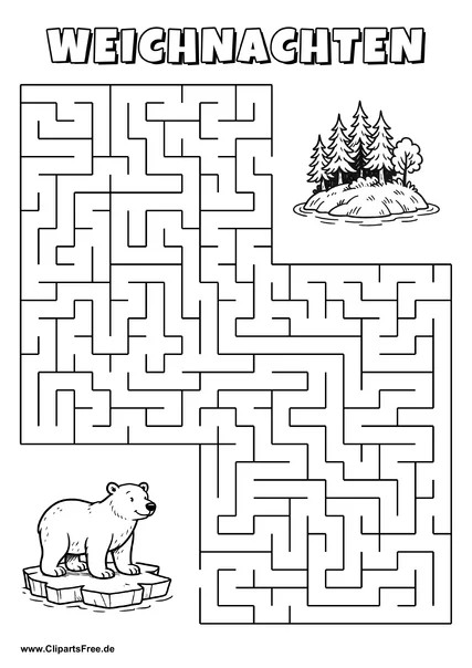 Weißbär auf Eis sucht Insel mit Wald Labyrinth zum Drucken