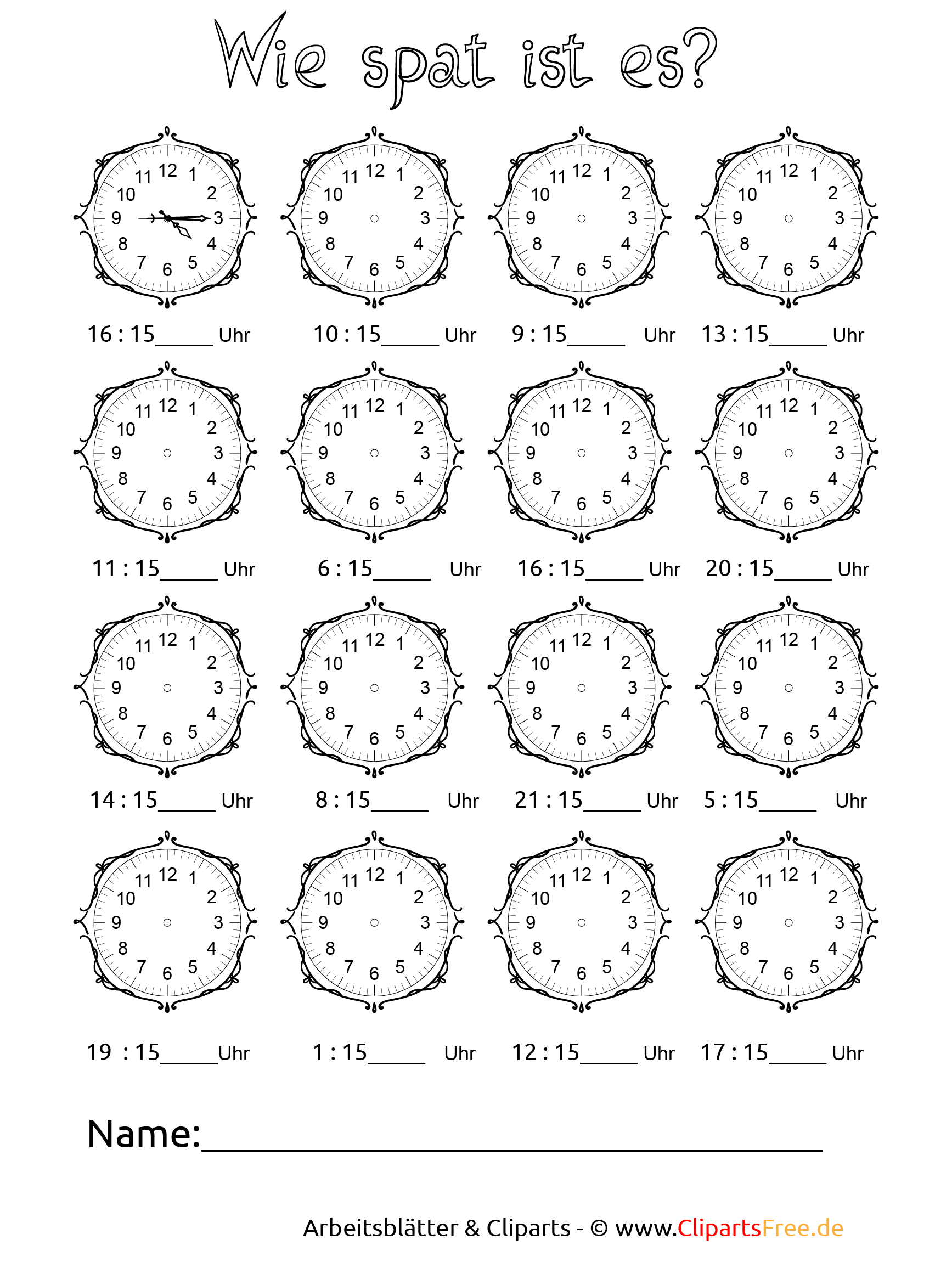 Bastelvorlage Uhr für Grundschule