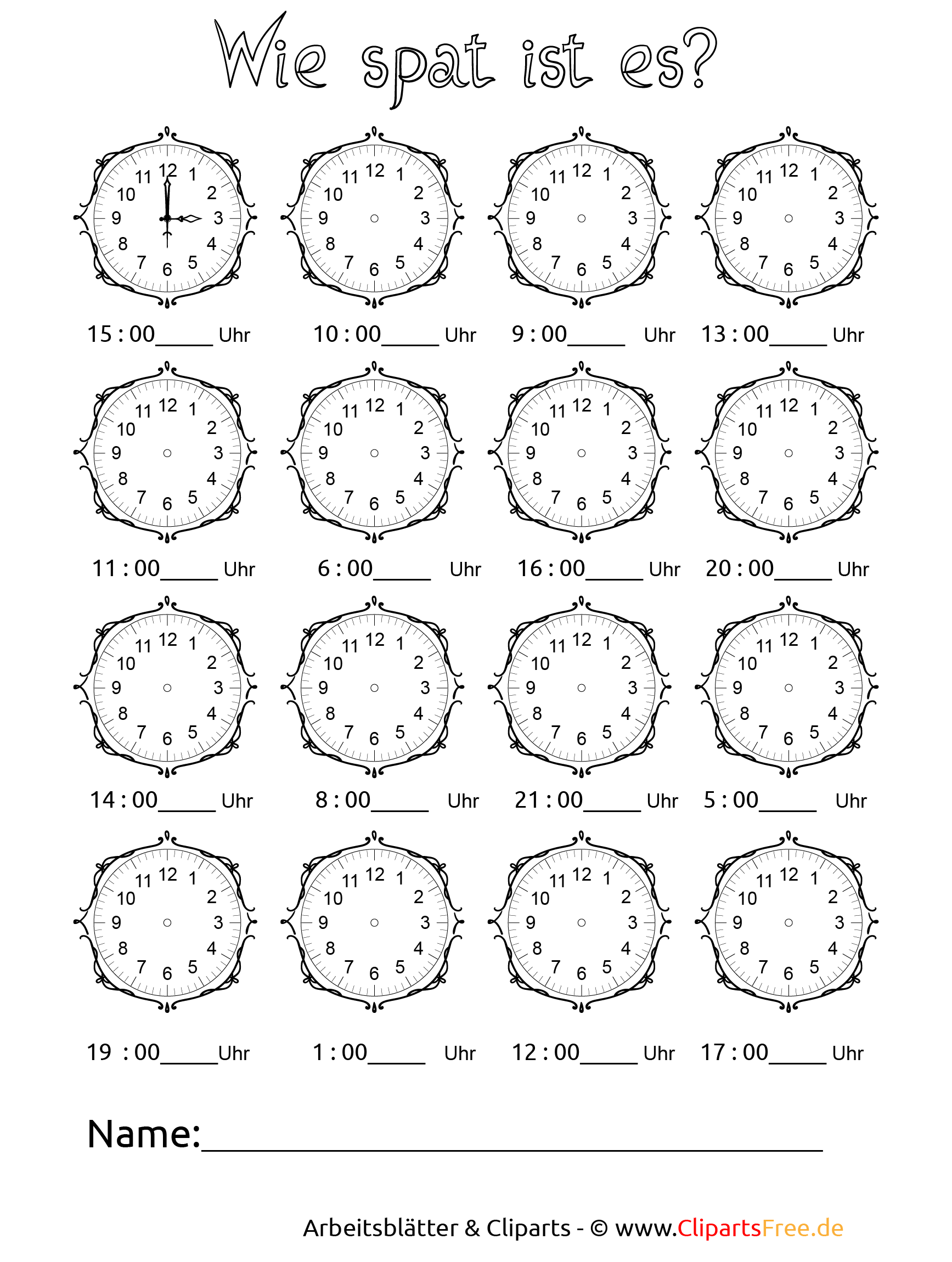 Uhren und Uhrzeit Arbeitsblätter drucken