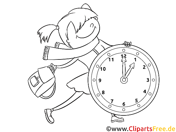 Zum Ausmalen Bild freudige Schülerin mit Uhr