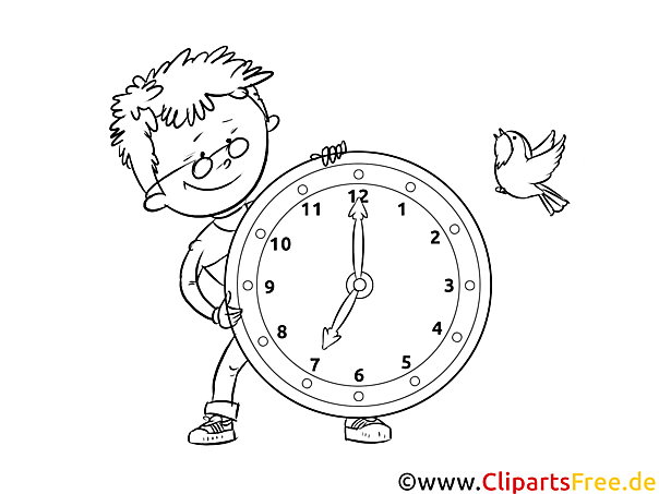 Zum Ausmalen Bild für Schulunterricht Junge und Uhr