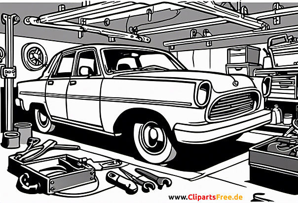 Auto aus 60-er Jahren in der Werkstatt Clipart schwarz-weiss