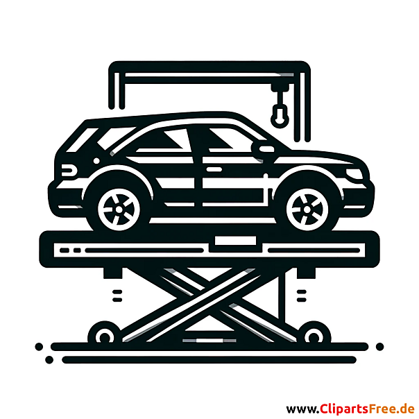 Auto auf der Hebebühne in der Werkstatt Clipart schwarz-weiß