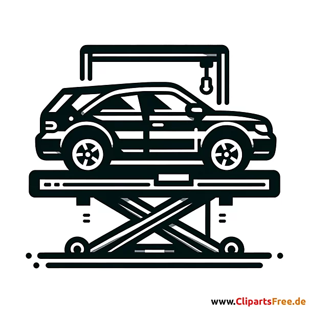Auto auf der Hebebühne in der Werkstatt Clipart schwarz-weiß