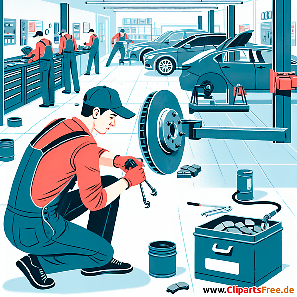 Bremsbeläge wechseln Clipart zum Thema Kfz-Werkstatt