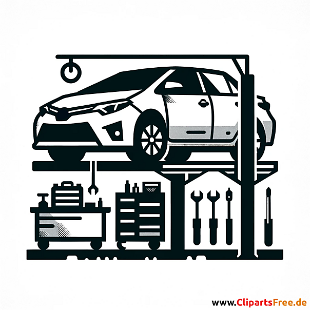 Elektroauto in der Werkstatt Clipart schwarz-weiß