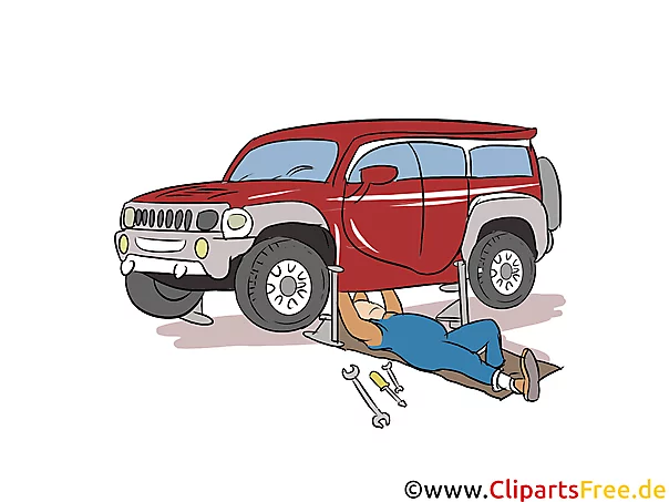 Geländewagen kaputt, PKW wird repariert Clipart, Bild, Illustration