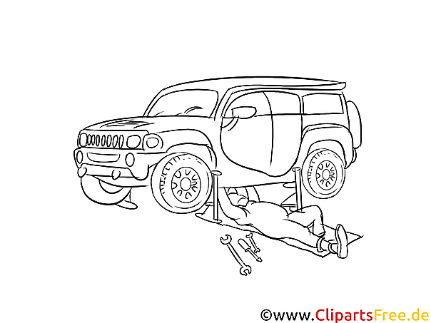 Mann unter dem Auto Zeichnung, Grafik, Clipart schwarz-weiss