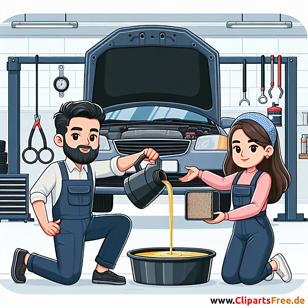 Ölwechsel Cartoon Clipart zum Thema Kfz-Werkstatt