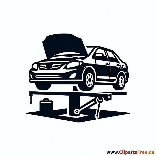 Personenwagen auf der Hebebühne Clipart schwarz-weiß