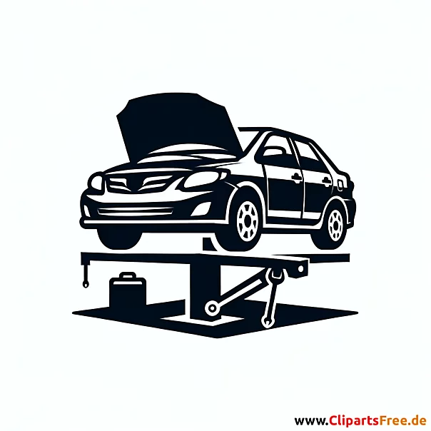 Personenwagen auf der Hebebühne Clipart schwarz-weiß
