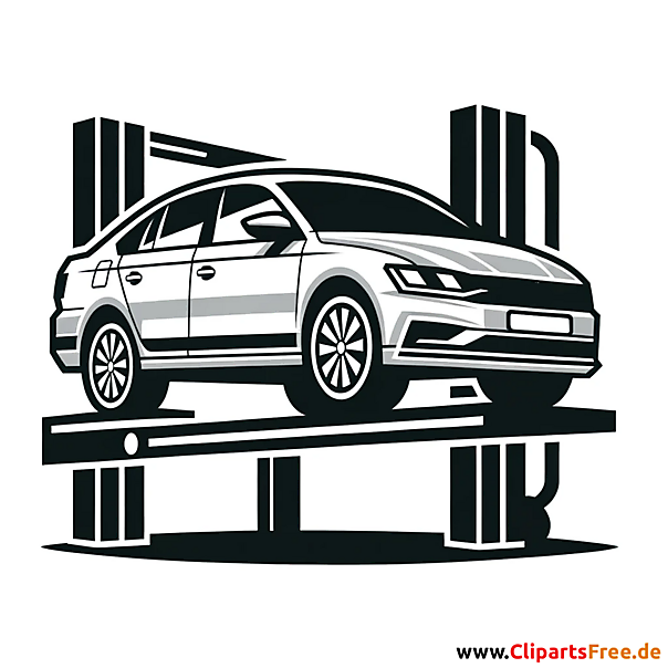 PKW in Werkstatt wird repariert Clipart schwarz-weiß