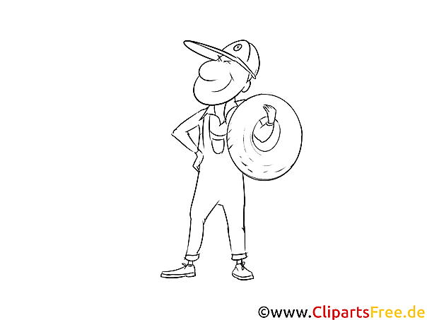 Werkstattmitarbeiter mit Reifen Zeichnung, Grafik, Clipart schwarz-weiss