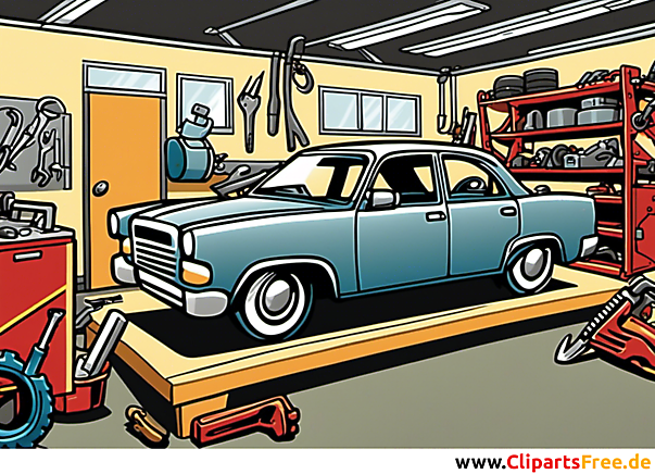 Comicbild PKW, Auto in der Garage auf Hebebühne