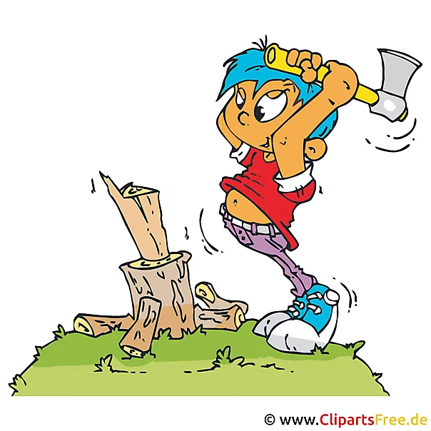 Junge mit Axt hackt Holz Clipart, Bild, Cartoon, Grafik, Illustration
