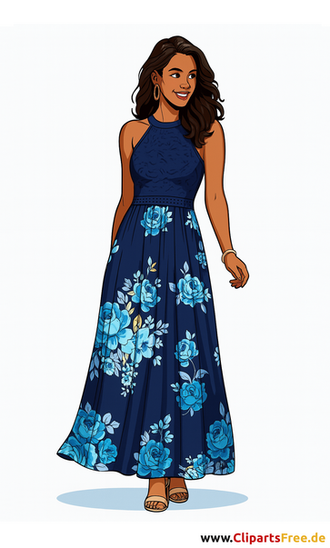 Elegante Frau im blauen Blumenkleid Clipart