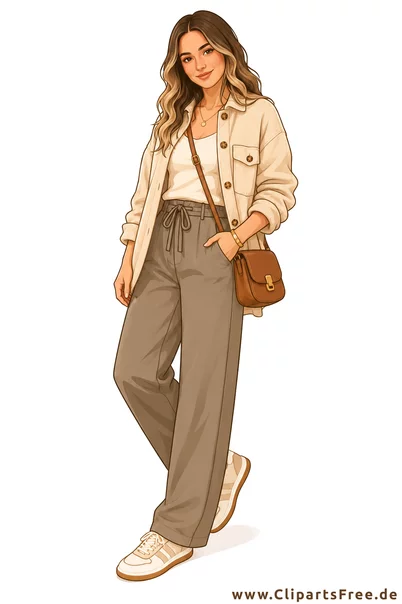 Herbst Outfit - Frau im cremefarbenen Hemd mit Stoffhosen und Sneakers