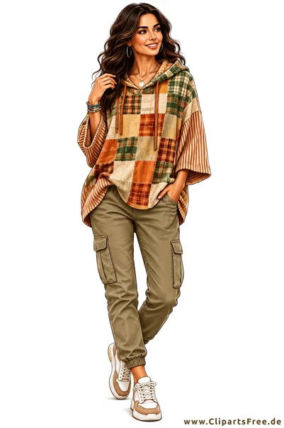 Herbstoutfit mit Patchwork-Kapuzenpullover, olivgrüner Cargo-Jogginghose und Sneakern