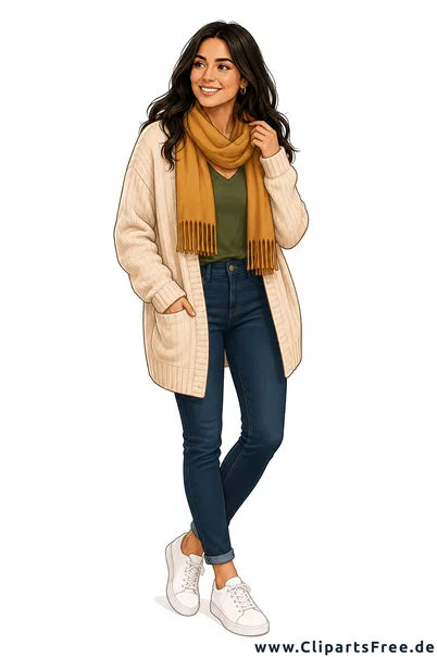 Lässiges Herbst-Outfit mit cremeweißem Strickcardigan, senfgelbem Schal Clipart
