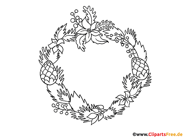 Kranz aus Zweigen und Zapfen Bild zum Drucken und Ausmalen